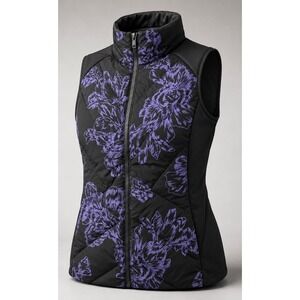 Athleta Down Puffer Vest Womens M Tall Black Purple Floral Full Zip Stretch